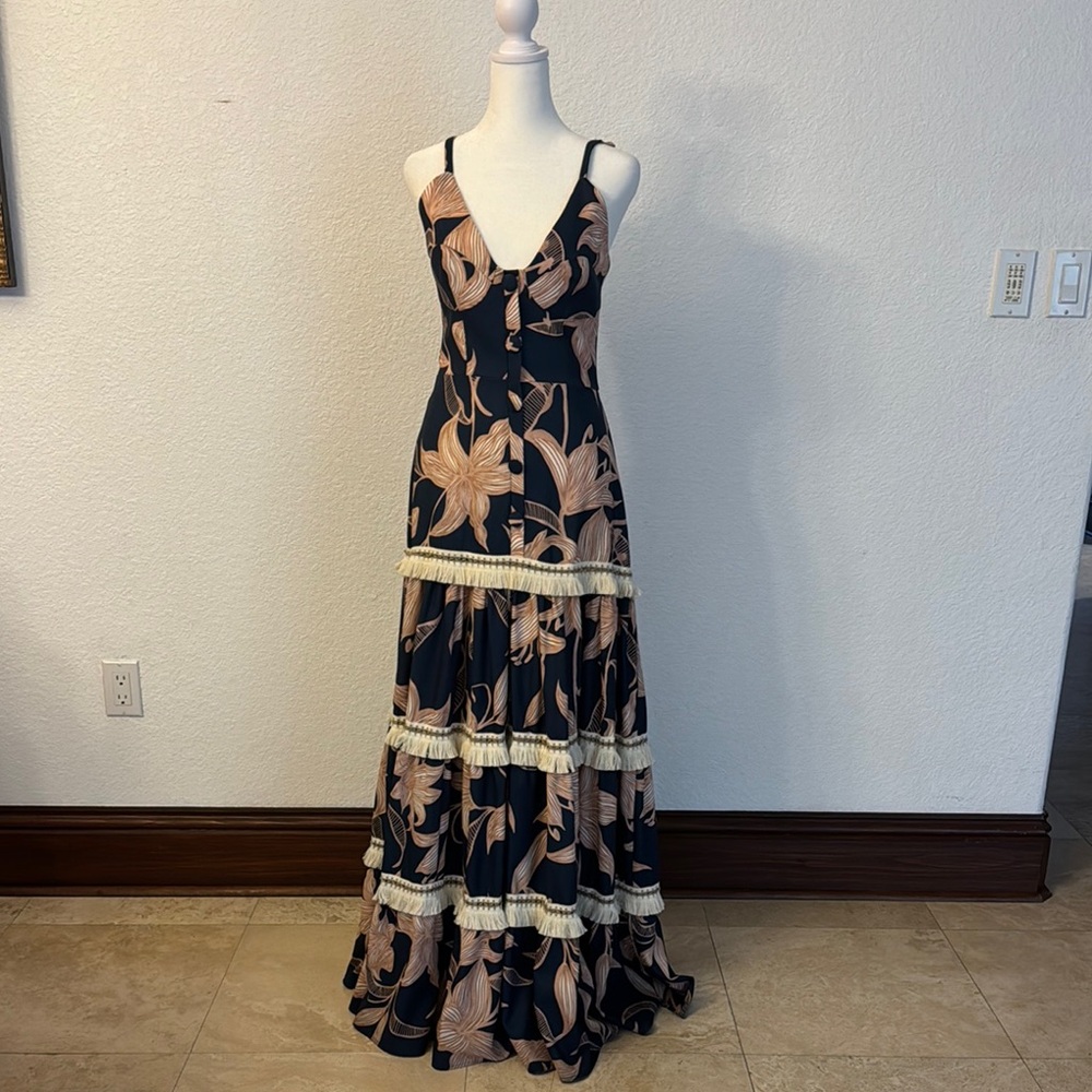 PatBO Tan and Blue Tiered Ruffled Maxi Dress